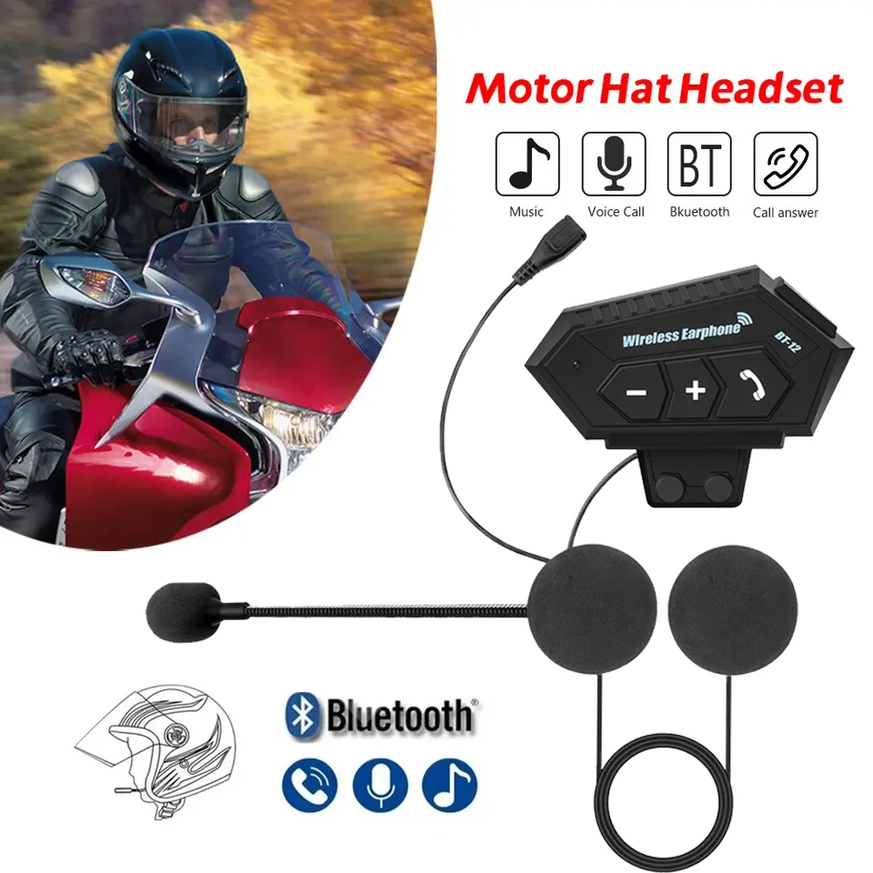 

BT12 Bluetooth Motorcycle Helmet Headset Wireless Handsfree Stereo Music Player Speaker Headphone Support Auto/Manual Call