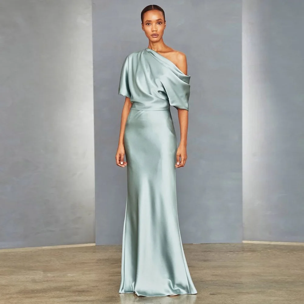 

Moden Sage A-line Evening Party Dresses One Shoulder Half Sleeves Silk Satin Formal Prom Gowns Robe De Soiree Vestidos Longo