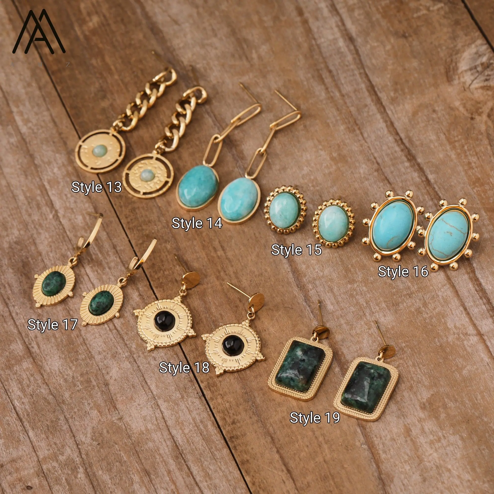 Bohemia Punk Earrings for Women Vintage Healing Stone Turquoise Stainless Steel Jewelry Ear Stud