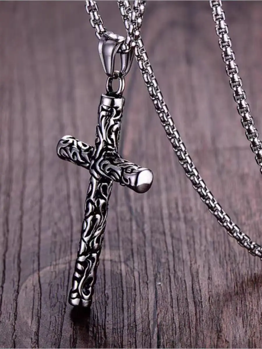 Vintage Christian Cross Engraved Pattern Pendant Necklace Men's Fashion Catholic Prayer Lucky Jewelry