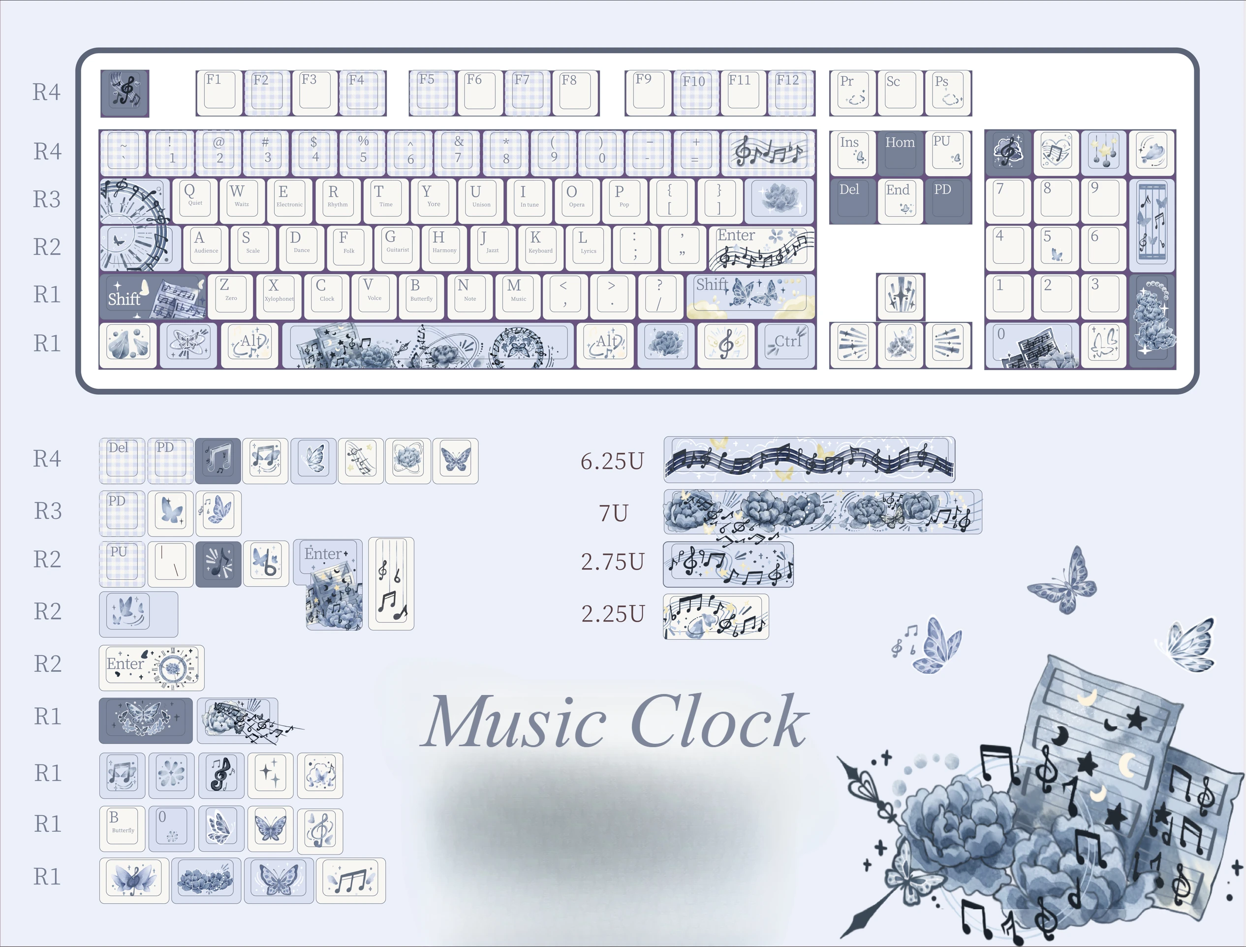 Imagem -06 - Teclado Relógio Musical Tecla Enter em Forma de l Nota Flor Borboleta Tecla Elegante Cinza-azul Barra de Espaço Pbt 2.25 7u 143 Chaves