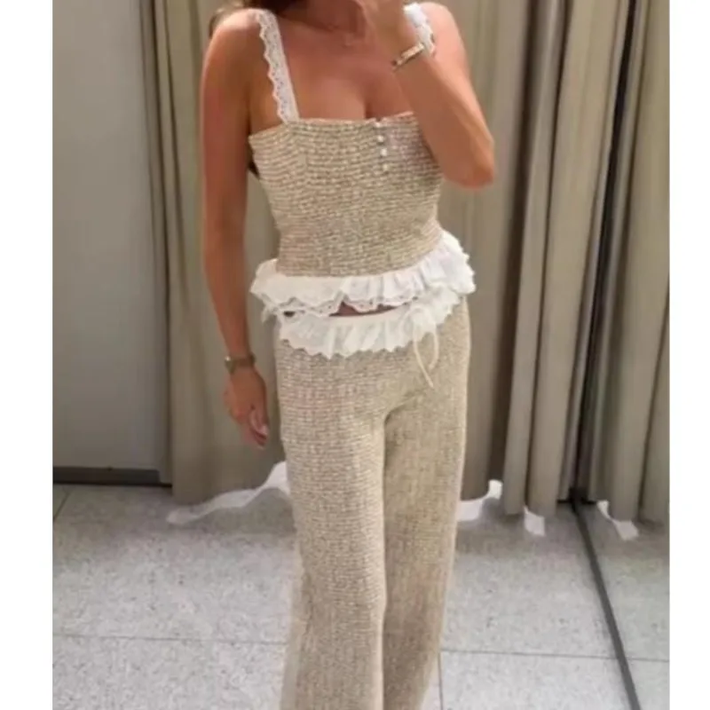 Women Elegant Set Summer Spaghetti Strap Splice Top Mid-waist Adjustable Drawstrings Wide-leg Pants Fashion Casual 2 Piece Set