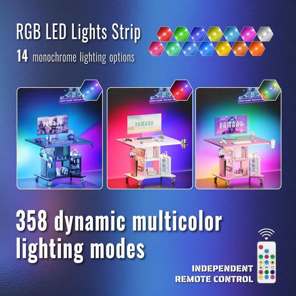 전원 콘센트, 수납 공간 및 페그보드가 있는 소형 공간용 컴팩트 LED 조명 게이밍 책상(화이트)