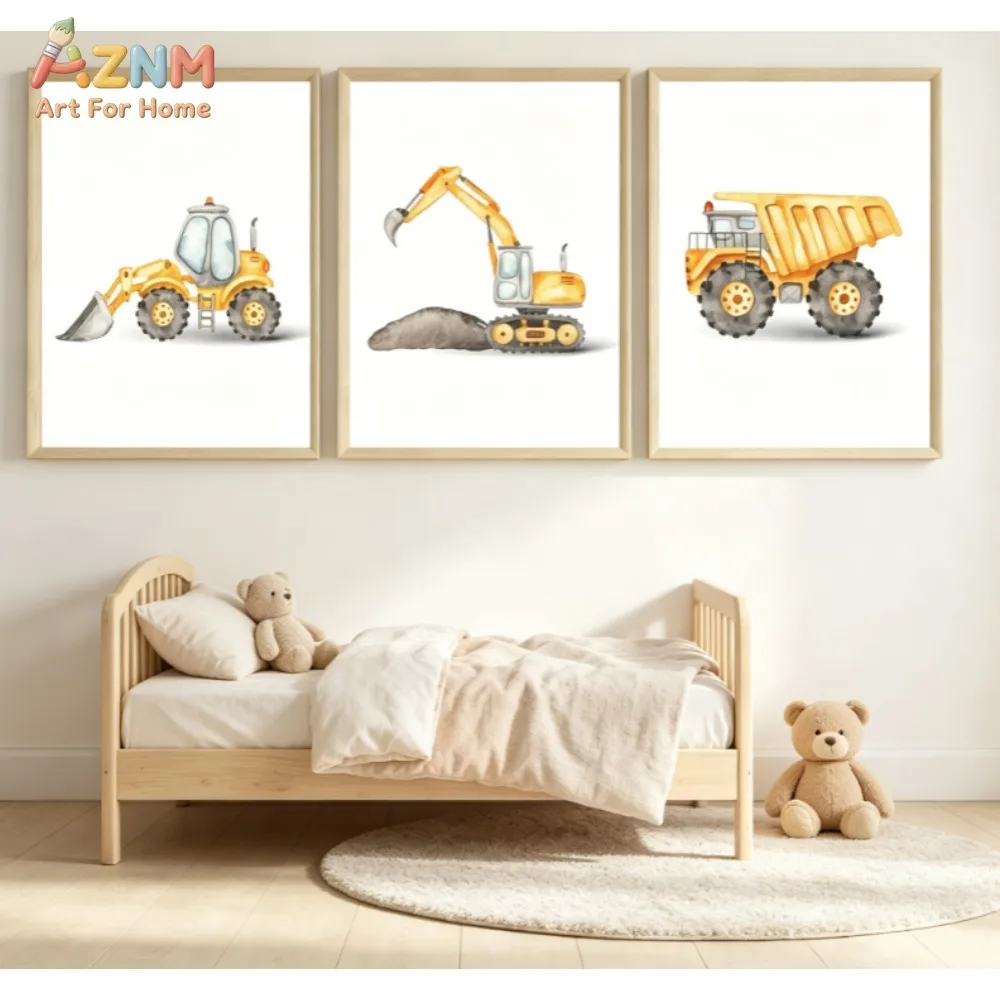 AZNM 3Pcs Watercolor Construction Vehicle Canvas Wall Art, Excavator Loader Dump Truck Print Frameless Canvas Painting,