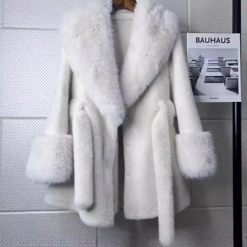 Abrigo de piel con cuello de piel grande para mujer, chaqueta ajustada con cinturón, abrigo de piel de zorro y visón ecológico cálido de lujo, Tops Premium, alta calidad