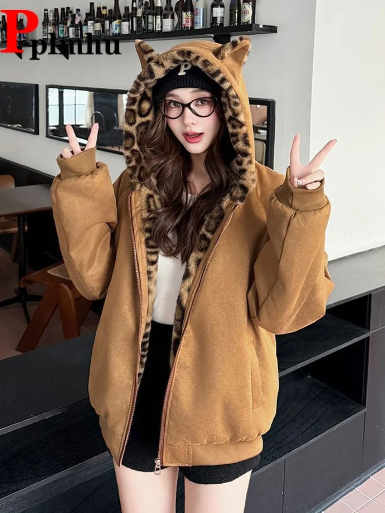 

Vintage Leopard Thickened Warm Jackets Women's Casual Baggy Fashion Chaquetas Short Loose Hooded Zipper New Jaquetas Coat