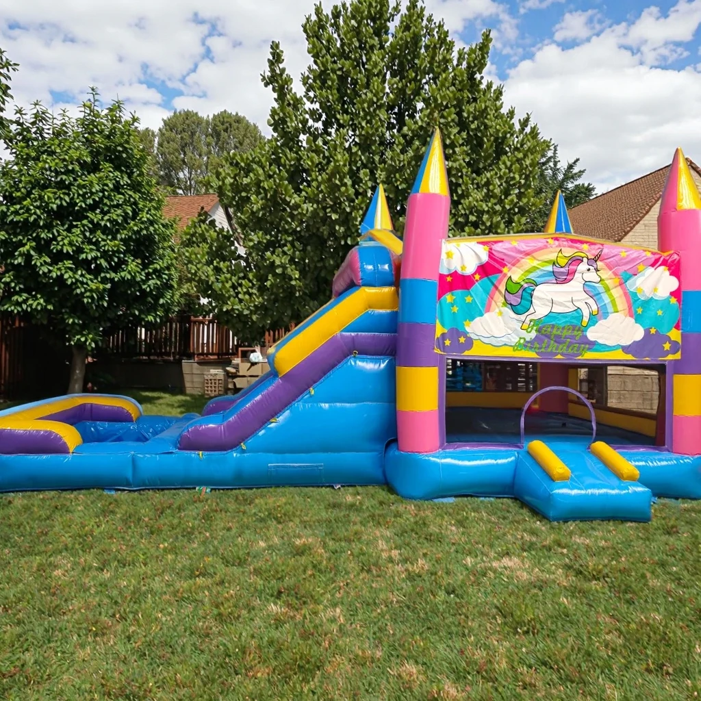 Douerfei DDF-039 Commercial Outdoor Kid Inflatable Castle Slide & Pool Combo Rainbow Unicorn Design 500KG Capacity Easy Setup