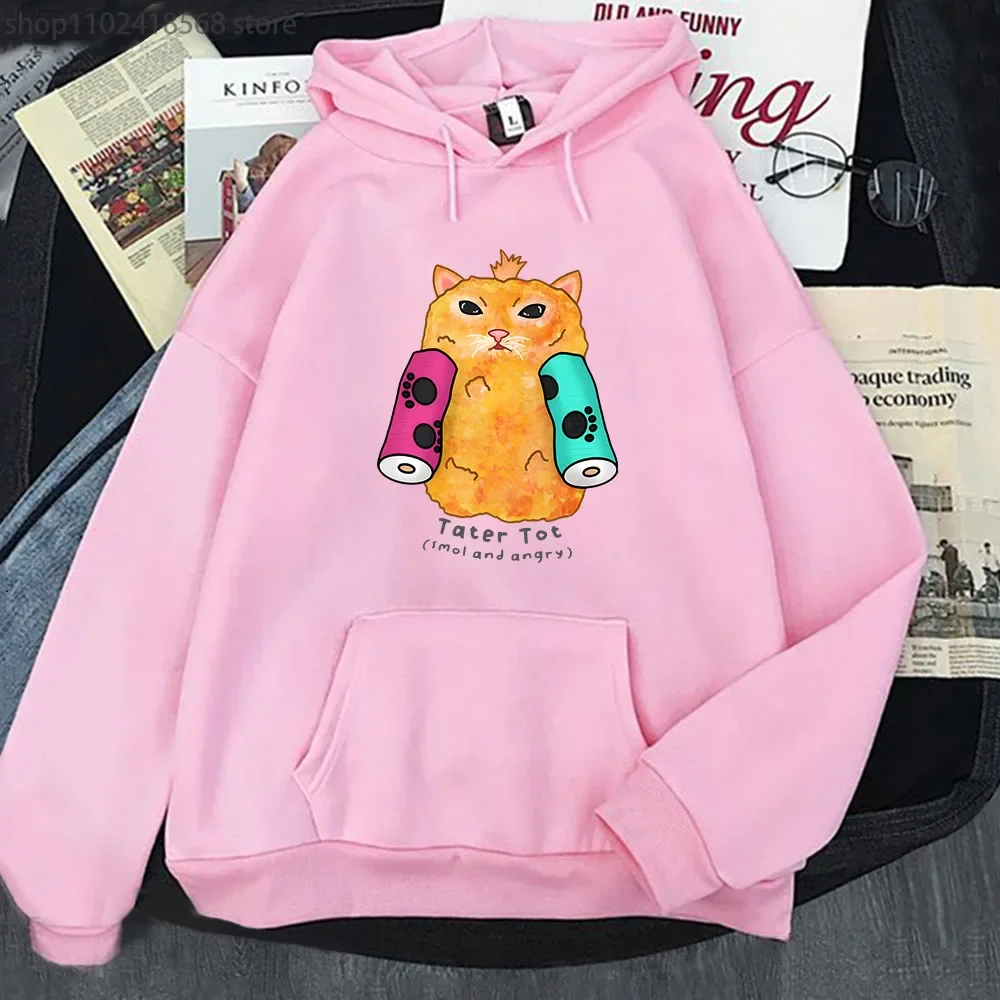 Tater Tot Cat Hoodie Smol and Angry Sweatshirt Women Kawaii Clothes Autumn Winter Casual Y2k Sudaderas Men Long Sleeve Pullover