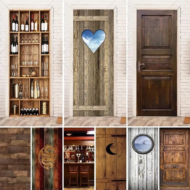 

Vintage Carved Wooden Door 3D Door Sticker, Self-Adhesive Realistic Door Mural for Entryway, Antique Home Renovation