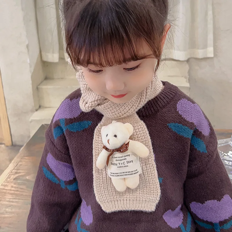 Cute Bear Cloth Label Cross Baby Scarf New Autumn Winter Children Warm Knitted Scarves For Kids Girls Boys Soft Neck Ring Scarf