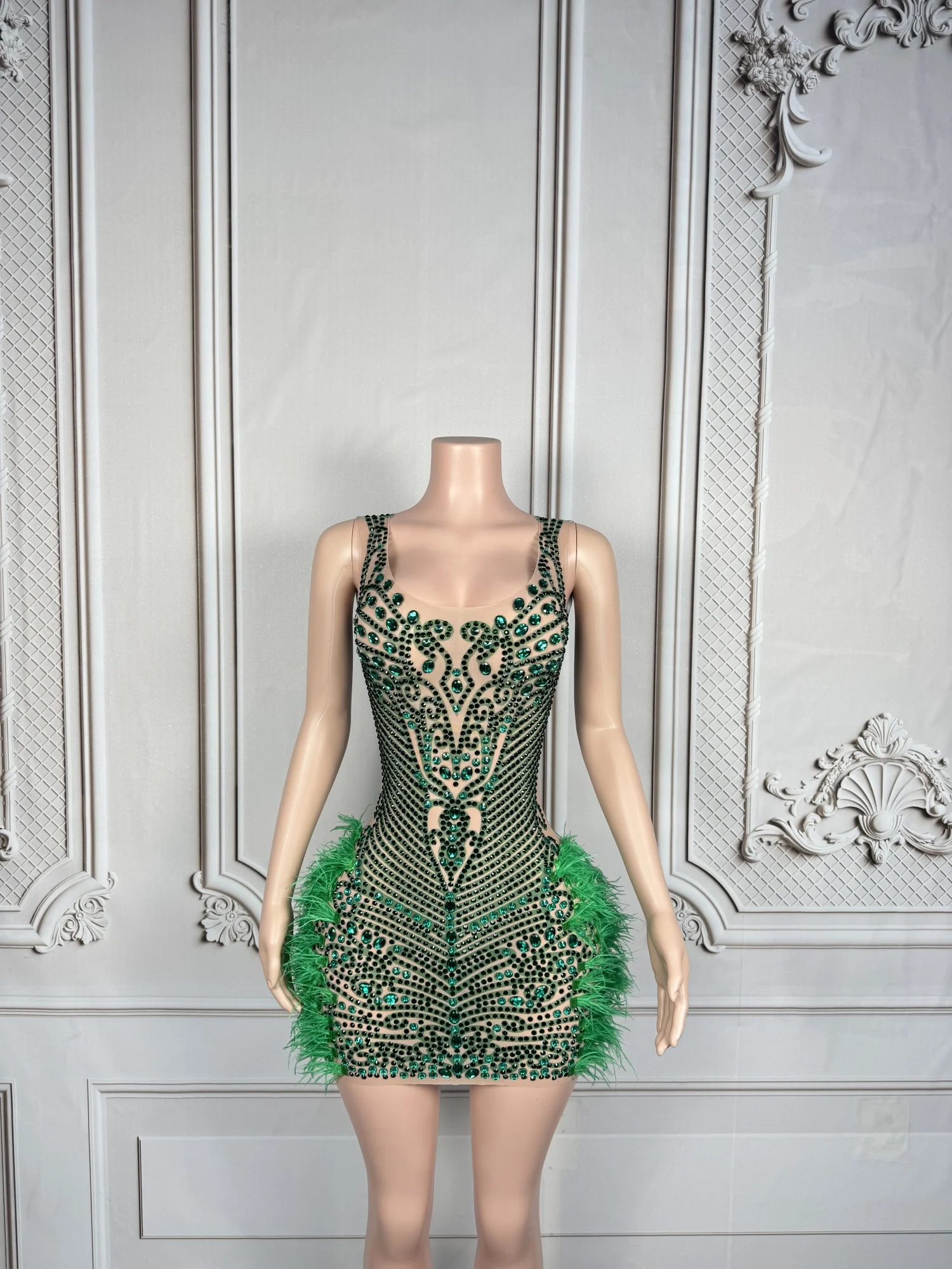 Qingtai Womens Luxury Green Rhinestone Feather Mini Dress Sheer Mesh Sleeveless Bodycon Party Club Stage Performance Outfit