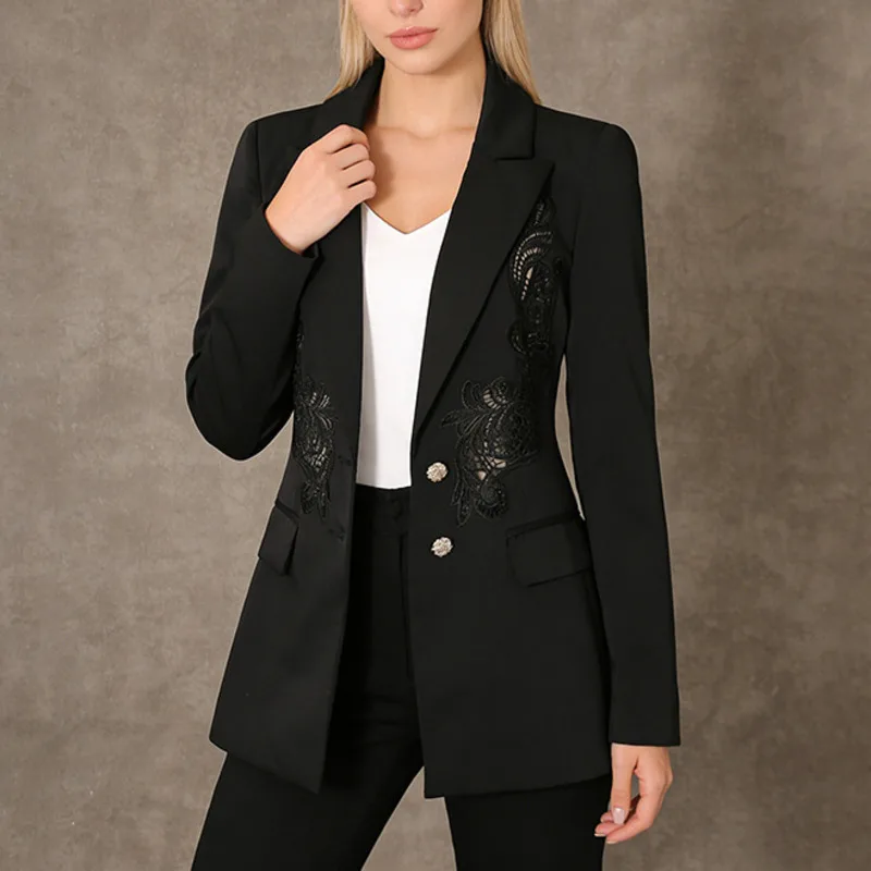 HKSH 2026 Spring New Women Light Luxury Blazer High-End Lace Patchwork Hollow Out Waist Cinching Slim Fit Elegant Jacket HK18570