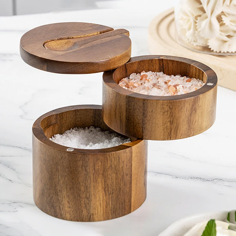 

Wood Salt and Pepper Bowl Box with Lid and Spoon Acacia Salt Cellar with 360° Swivel Lid Spice Seasoning Container Kitchen Tools