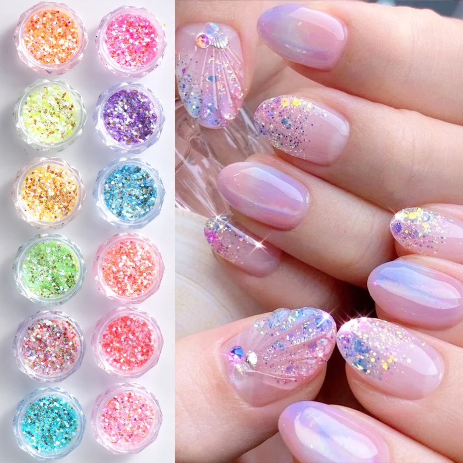 12 pçs sereia iridescente 3d prego glitter pó conjunto de cristal colorido brilhante arte do prego holográfico flocos finos hexágono lantejoulas de