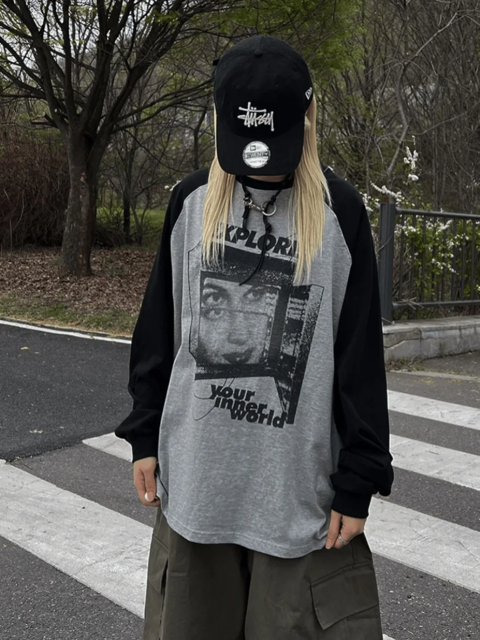 

Retro American Long Sve T-irt Women's Loose Match Color Blo Print Top Trendy Street Sle Pure Cotton Summer Autumn