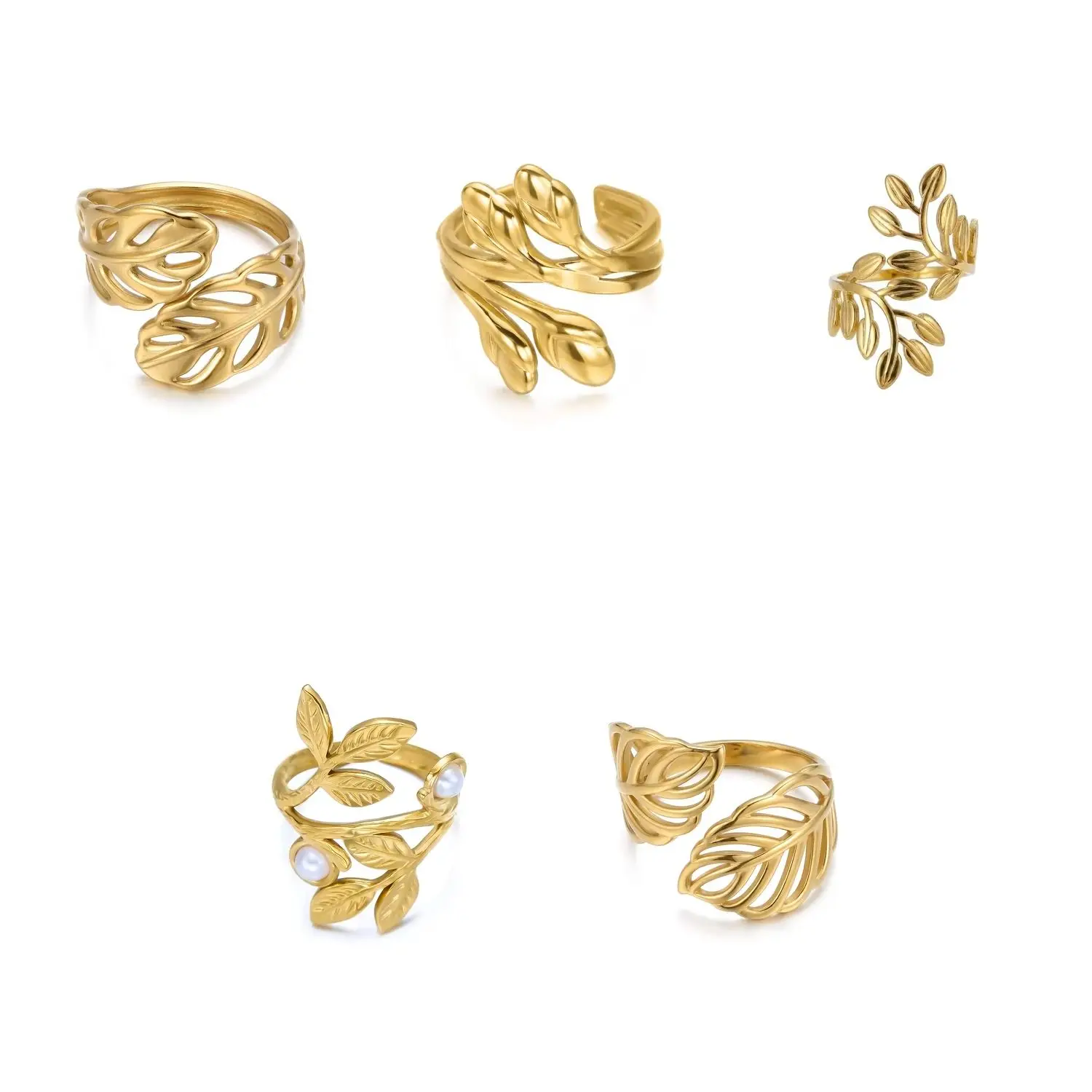 Dainty Monstera Leaf Hollow 18K Stainless Steel Open Cuff Rings Set for Women Boho Stackable Waterproof Rings Party Jewelry Gift
