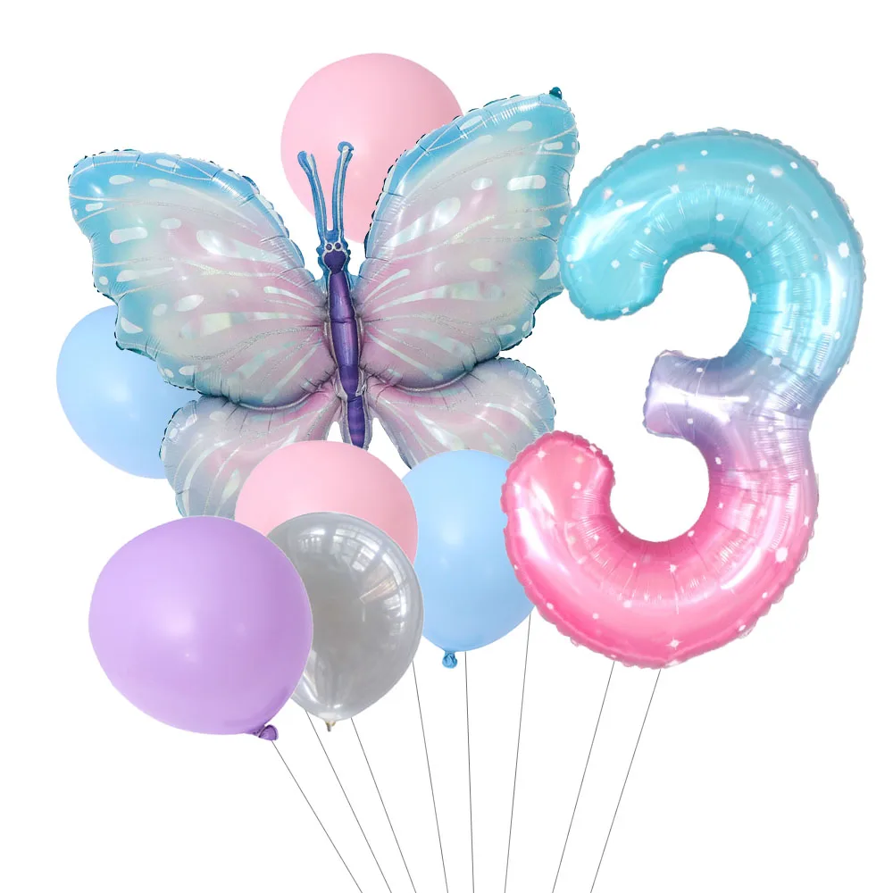 8pcs Butterfly Birthday Balloon 40inch Starry sky Gradient Number Balloon Baby Shower Helium Balloon Birthday Party Decor Globo