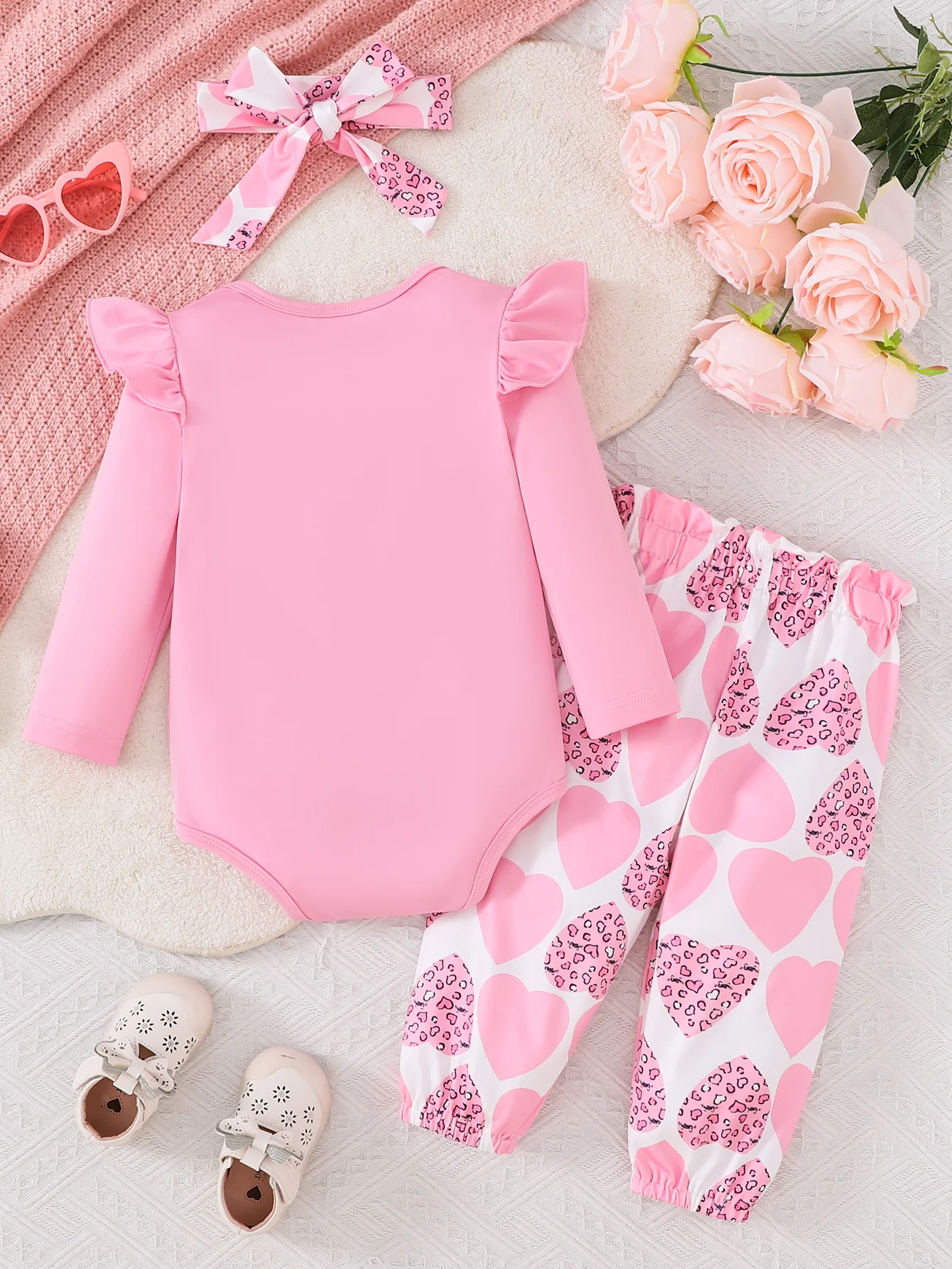 الفتيات ربيع الخريف عادية كم طويل إلكتروني طباعة الوردي مثلث رومبير طباعة كاملة السراويل الطويلة مجموعة الحجاب #2