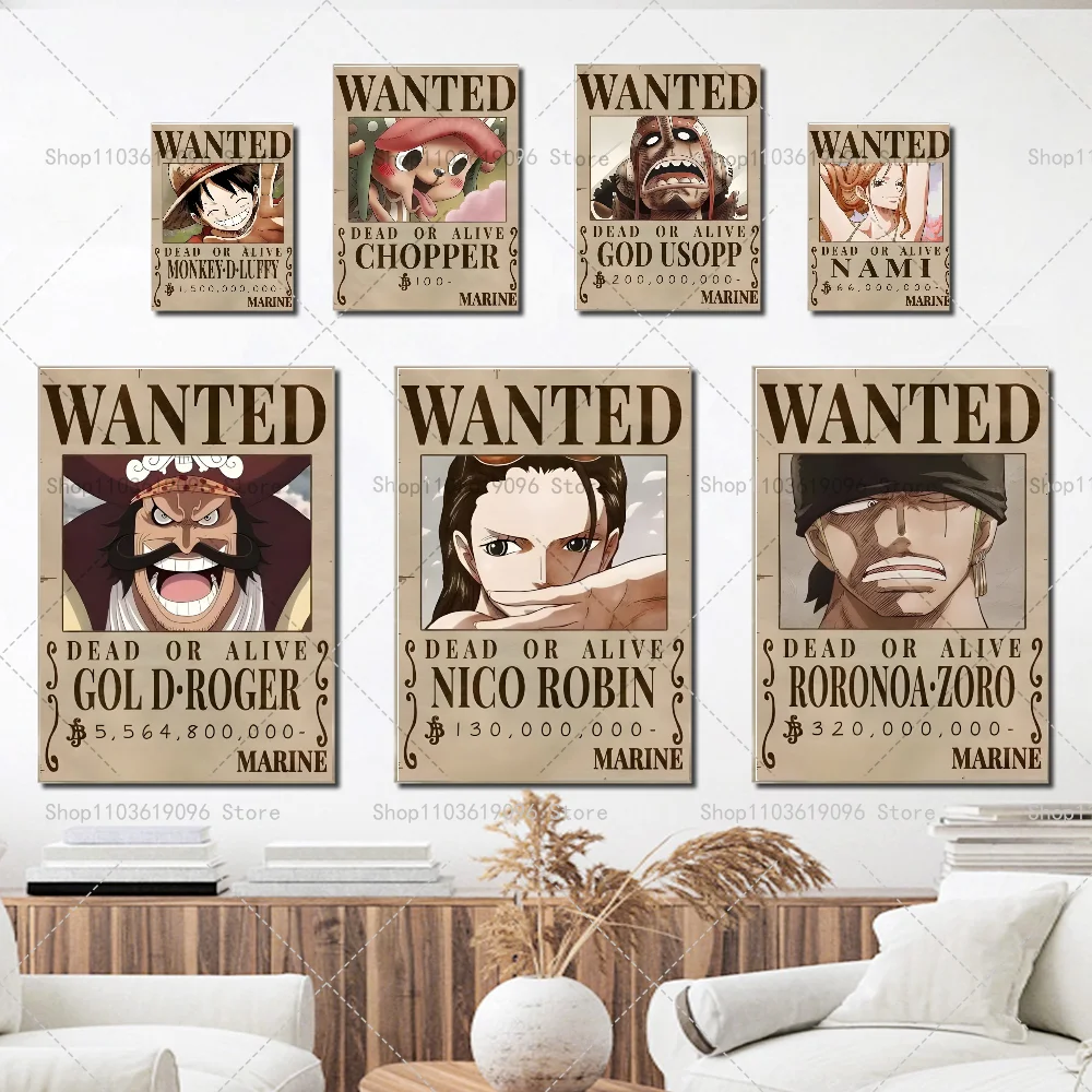 One Piece Retro Anime Art Luffy Zoro Chopper Poster Self-adhesive Art Waterproof Paper Sticker Coffee House Bar Room Wall Decor