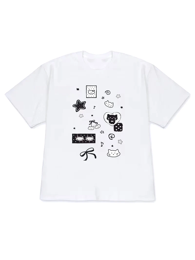 Dot Bow Cat T-shirt Korean Hand Drawn Printed Short Sleeved Shirt Women Round Neck Daily Cute Daily Summer Comfortable Y2k Tops