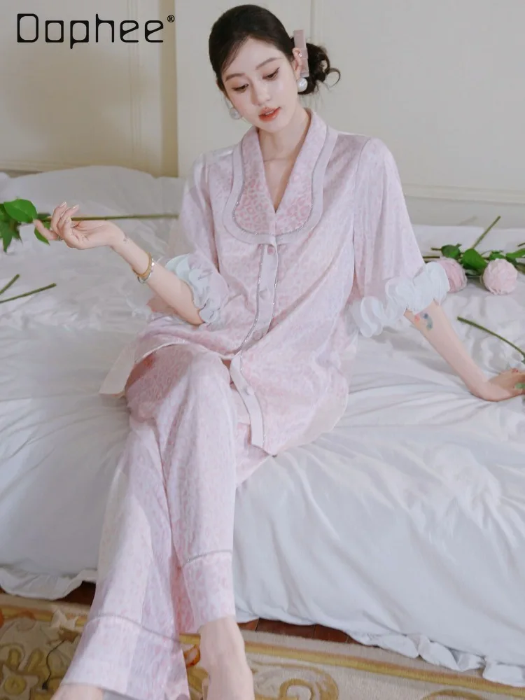 Original Gentle Girl with Chest Pad Pajamas Lotus Leaf Mid-sleeved Shorts Trousers Three-piece Set Loose Casual Women Loungewear