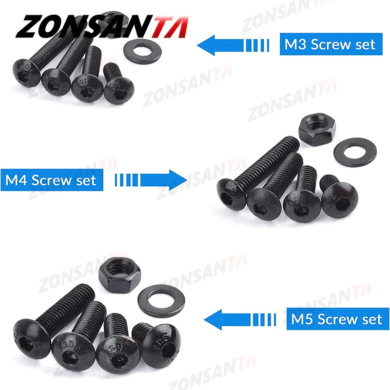 ZONSANTA M2 M2.5 M3 M4 M5 Grade 10.9 Steel Hex Hexagon Socket Button Round Head Black Screw Allen Bolt Nut Washer Set Kit Box