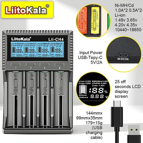 LiitoKala Lii-CH4 CH2 3.7V 3.85V Li Ion 18650 1.2V 1.5V Ni MH AA AAA 3.2V/3.65V LiFePO4 Rechargeable Smart Charger LED 0.5A 1A