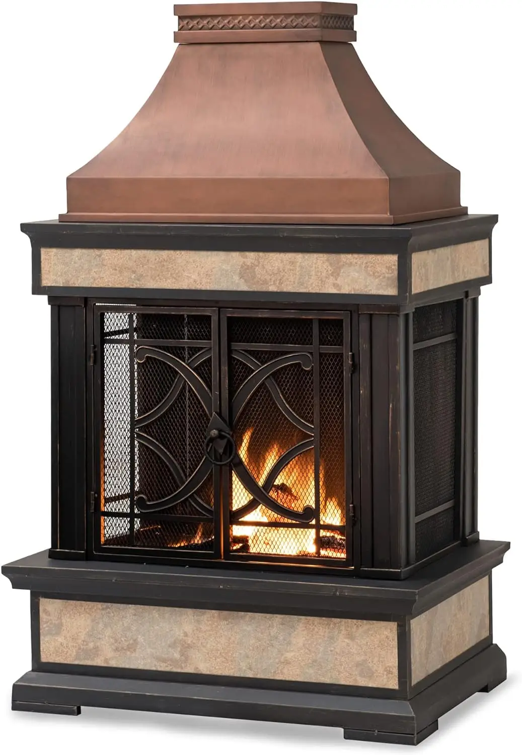 

Sunjoy Outdoor Fireplace, Smith Collection Patio Wood Burning Steel Fireplace with Chimney, Spark Screen, Fire Poker, and Remova