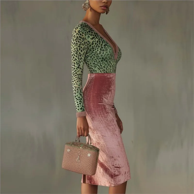 Sexy Leopard Print Color Blocked Women's Midi Dress Autumn Sexy Deep V-neck Slim Package Hip Dresses Lady Fashion Party Vestidos