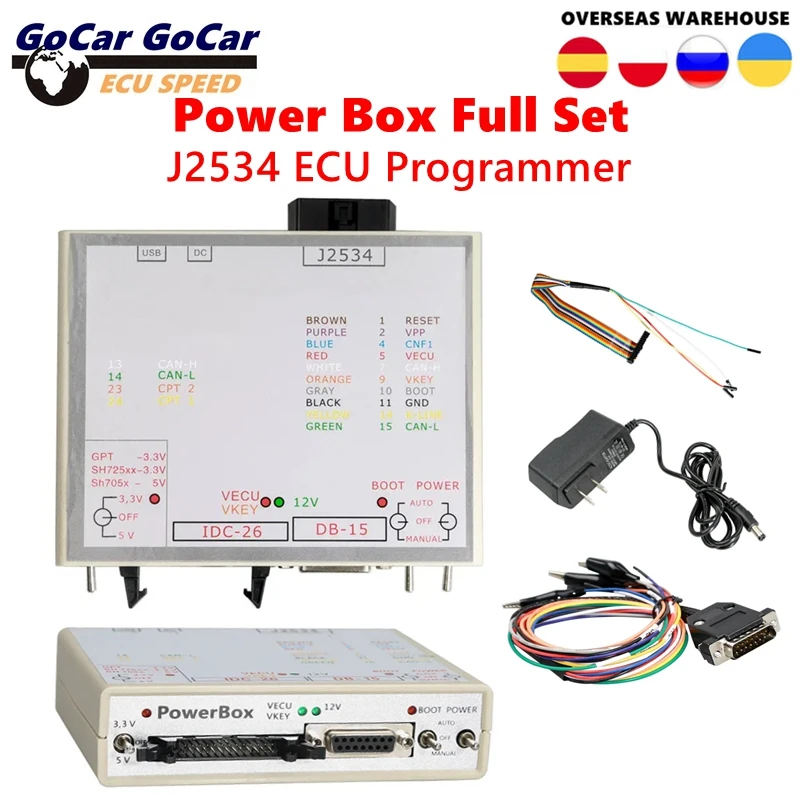 ECU FLASH JTAG Power Box Funziona Openport J2534 JTAG Power Box Connettori Adattatori completi Funziona con 3 modalità Strumento LED verde
