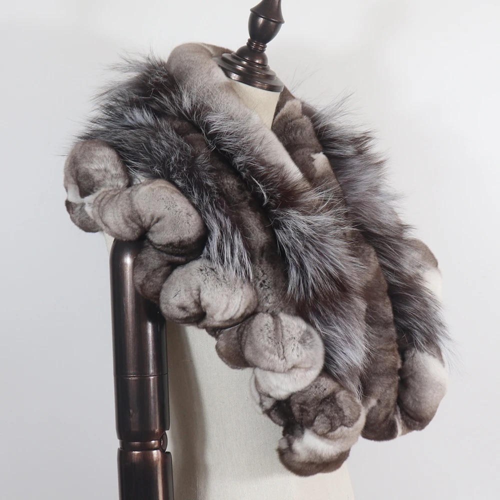 Neue warme, weiche Silberfuchs-Fellschals für Damen, Winter-Echt-Rex-Kaninchenfell-Schal, modischer Damen-Poncho aus 100% echtem Rex-Kaninchenfell. – Detail 10