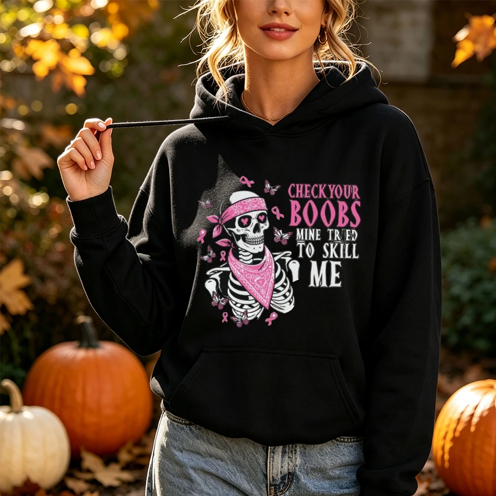 CHECK YOUR BOOBS MINE TRIED TO SKILL ME Funny Skull Pink Ribbon Hooded Sweatshirt Women Breast Cancer Survivor Support Hoodie