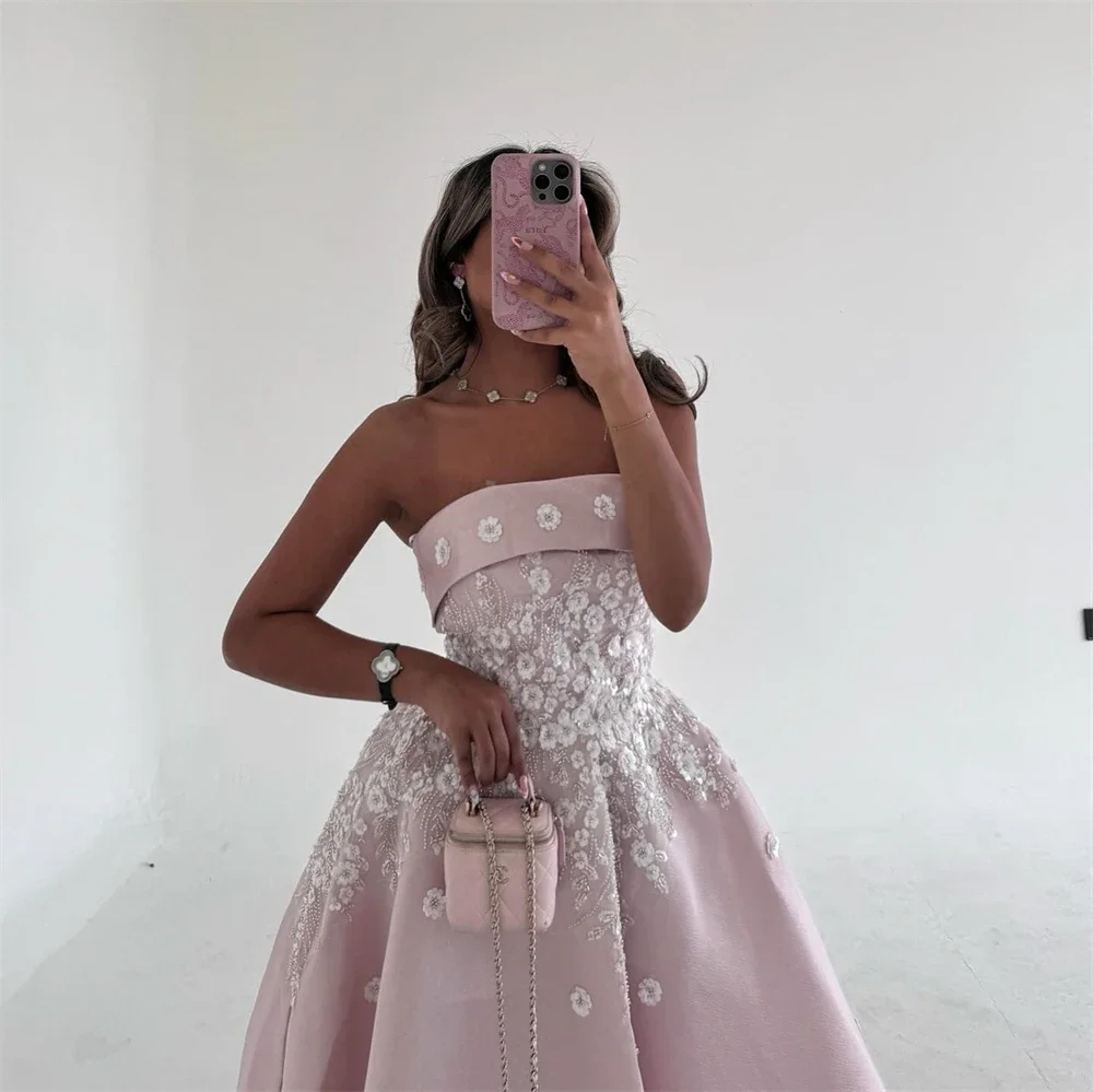 Customized  Prom Dress Strapless Ball Gown Floor Length Sequin Bespoke Occasion Dresses Saudi Arabia Formal Evening