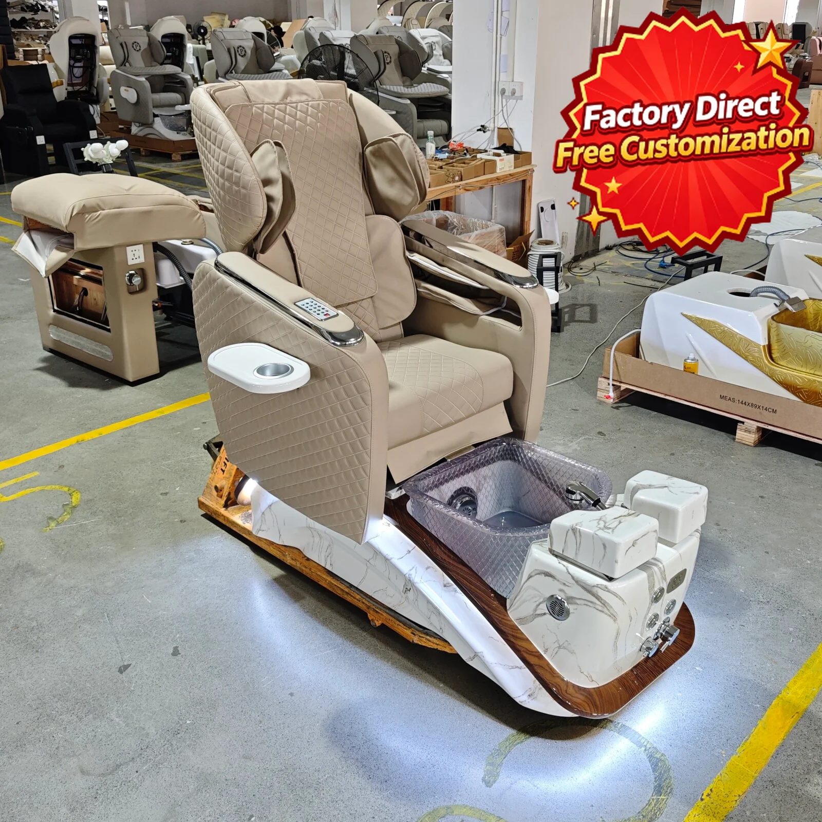 Electric Pedicure Chair Nail Salon Spa Massage Chair with Foot Basin LED Light Cup Holder Reclining for Manicure Pedicure Beige