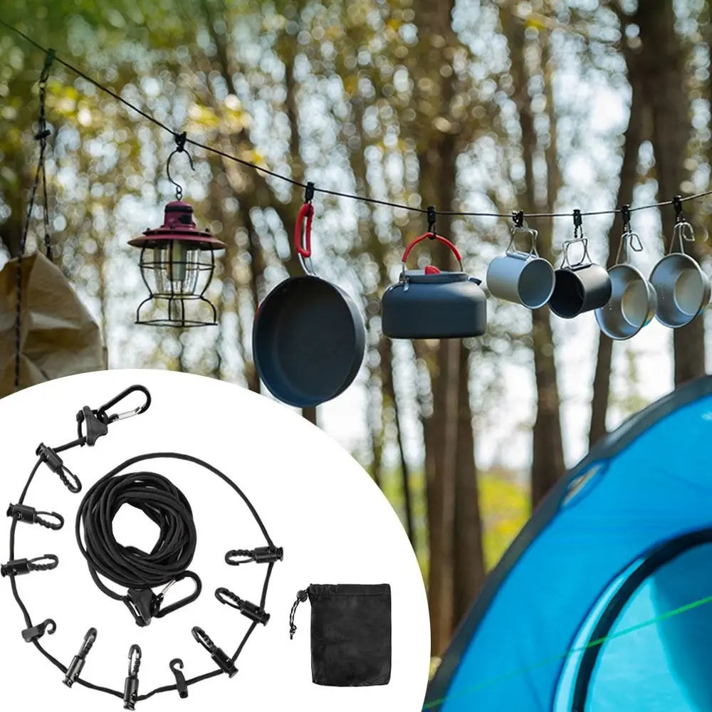 

Multifunctional Outdoor Clothesline Windproof Non-slip Travel Laundry Drying Line Adjustable with 10 Hooks Camping Hanging Rope