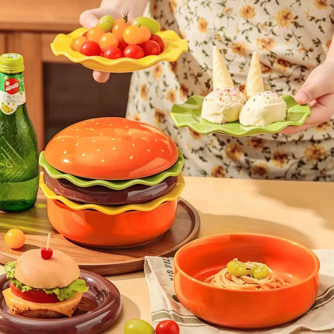 Stackable Hamburger Ceramic Tableware Set, Multi‑Layer Burger Plates Bowl for Afternoon Tea Snack Dessert, Cute Table Decor