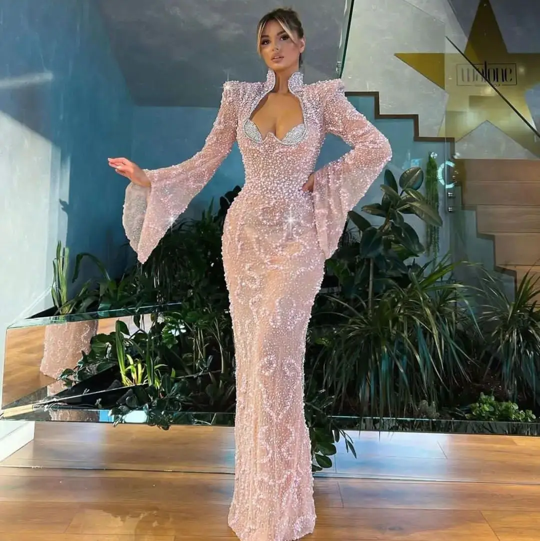 Pink Evening Dresses V Neck Long Sleeves Sparkly Sequins Appliques Elegant Pearls Beaded Celebrity Prom Dresses Custom Made