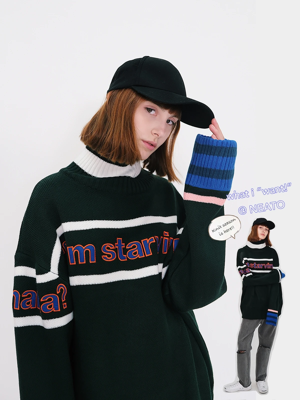 

Свитер NEATO с высоким воротником, вышивкой, теплый, свободного кроя, средней длины, из смесового хлопка, зимний, модный, в уличном стиле