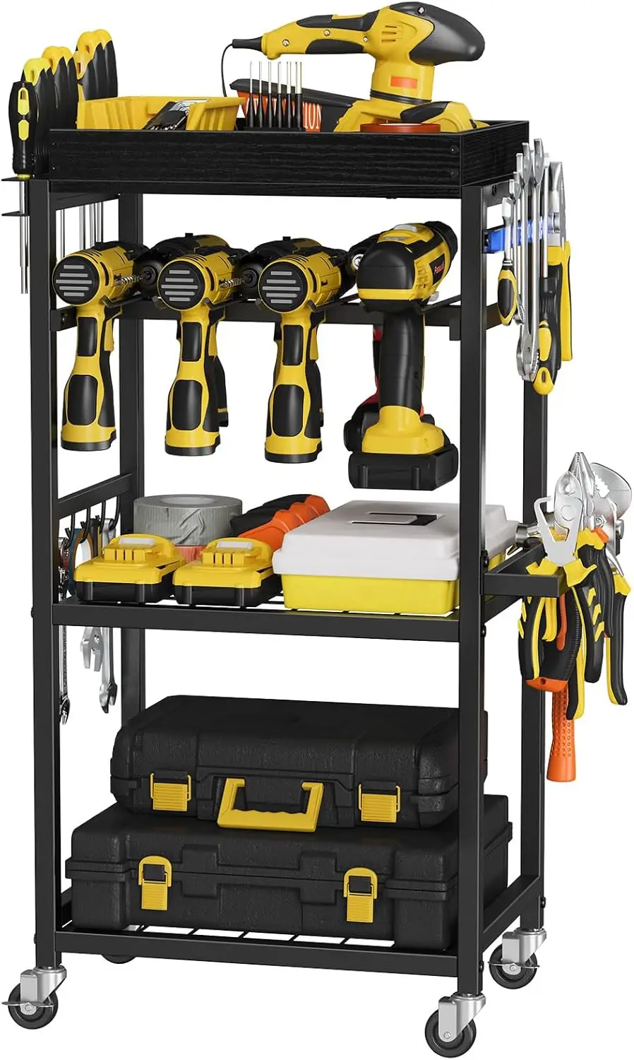 

4-Tier Tool Organizer Cart with Magnetic Tool Holder Strip, Tool Rack for Garage 300 lbs Heavy Duty Utility Rack for Wor