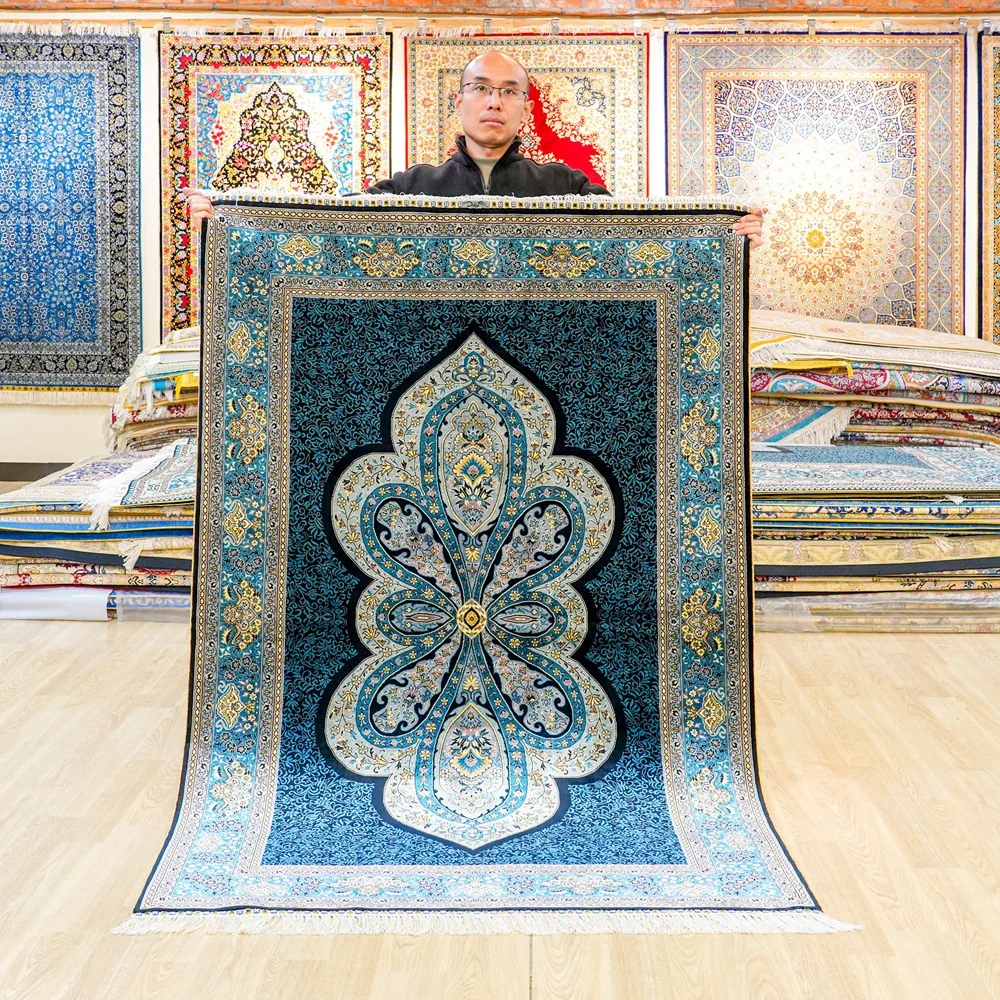 

Шелковый ковер Хереке 122x183 см, синий, ручной работы, традиционный восточный ковер