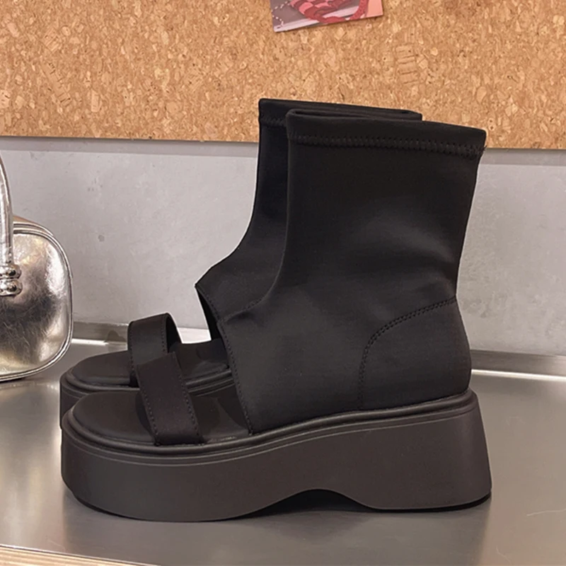 

New Women Stretch Fabric Square Open Toe Ankle Booties Platform Wedge Sandals Casual Summer Streetwear Party Boots Sandals Shoes