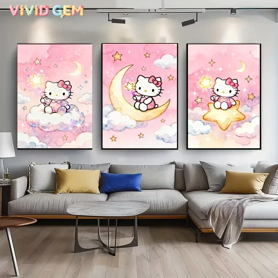 VIVID GEM Sanrio Cartoon Anime Moon Stars Hello Kitty Diamond Painting HelloKitty DIY Home Art Decoration & Handmade Creative