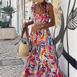 2024 Boho Print Women Sling Dress Casual Cool Loose Sleeveless Beach Long Dress Summer Fashion New Printing Party Female Dresses