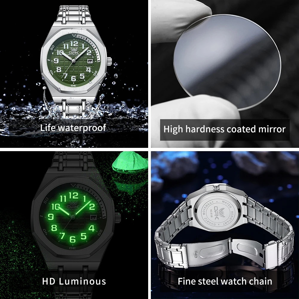 OPK-Reloj de pulsera luminoso para hombre, cronógrafo de cuarzo con correa de acero inoxidable, resistente al agua, marca Original, informal, a la