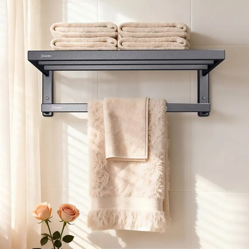 24-Inch 60cm Aluminum Alloy Towel Rack Wall Mounted Bathroom Organizer Double Bar Shelf Modern Hotel Style Shower Caddy Toiletries Storage Holder with Non-Slip Snap Home Accessories