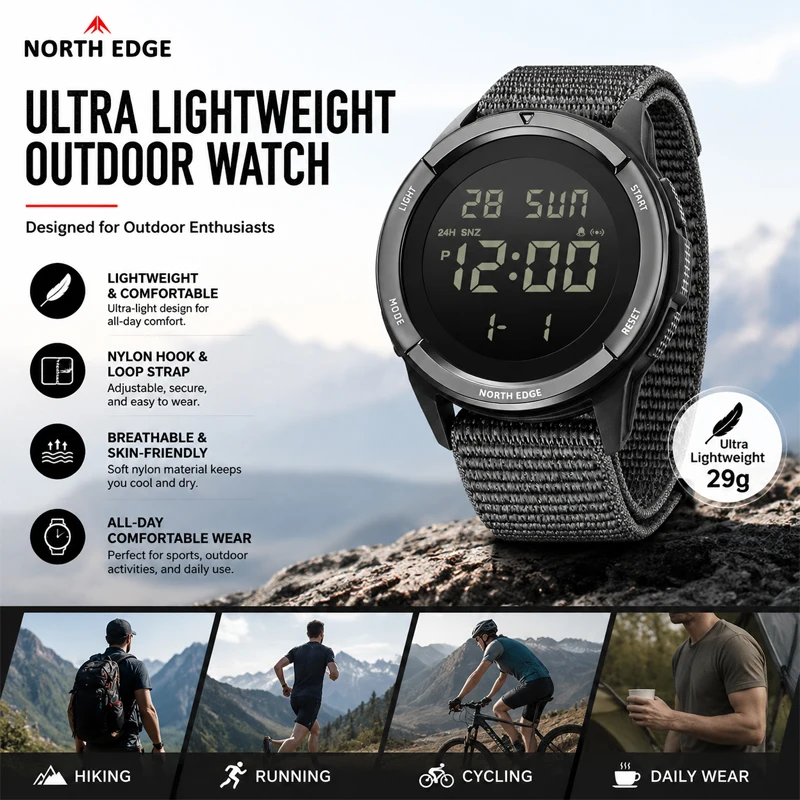 NORTH EDGE 2026 TERRAX Men's Digital Watches Outdoor Sports Swimming Waterproof 50M Stopwatch Countdown Electronic Watch For Men