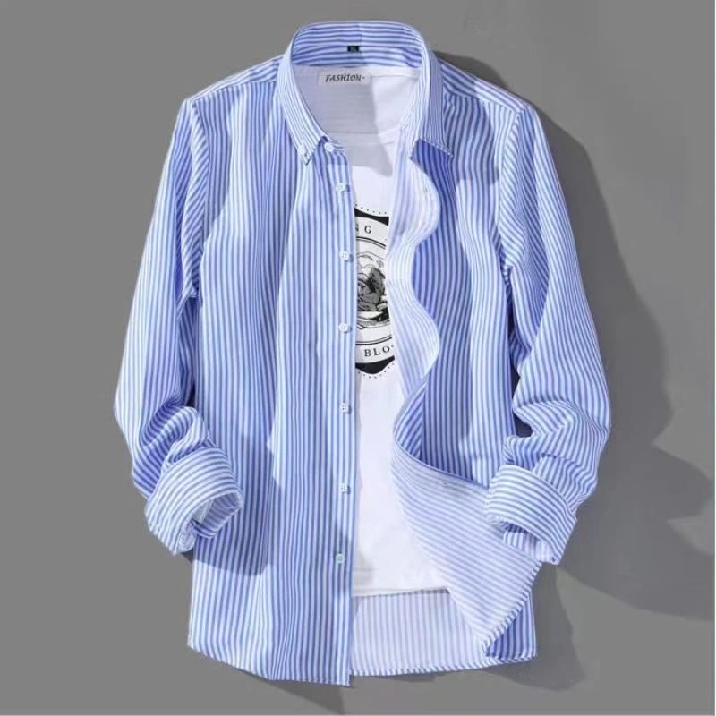 Fashionable Men\'s Blue White Striped Shirt All-Match Non-iron Korean Style Print Slim Fit Long Sleeve Dress Shirts for Man 38-44