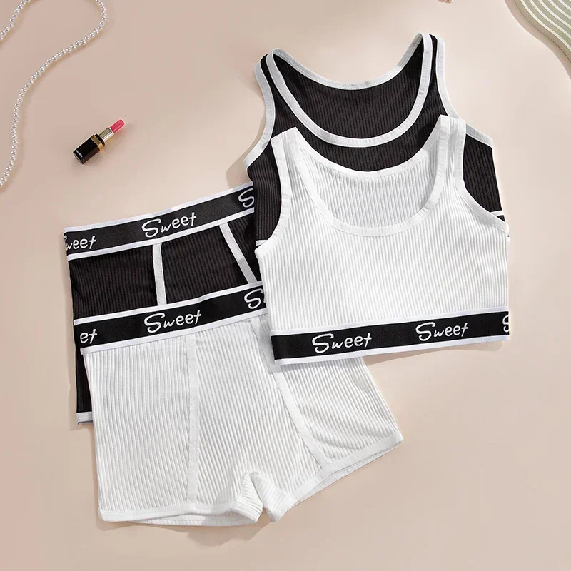 Women Seamless Underwear Set Fitness Pure Cotton Underwear Wide-brimmed Letter Sports Vest Middle Waist Boxer Briefs Bra Set