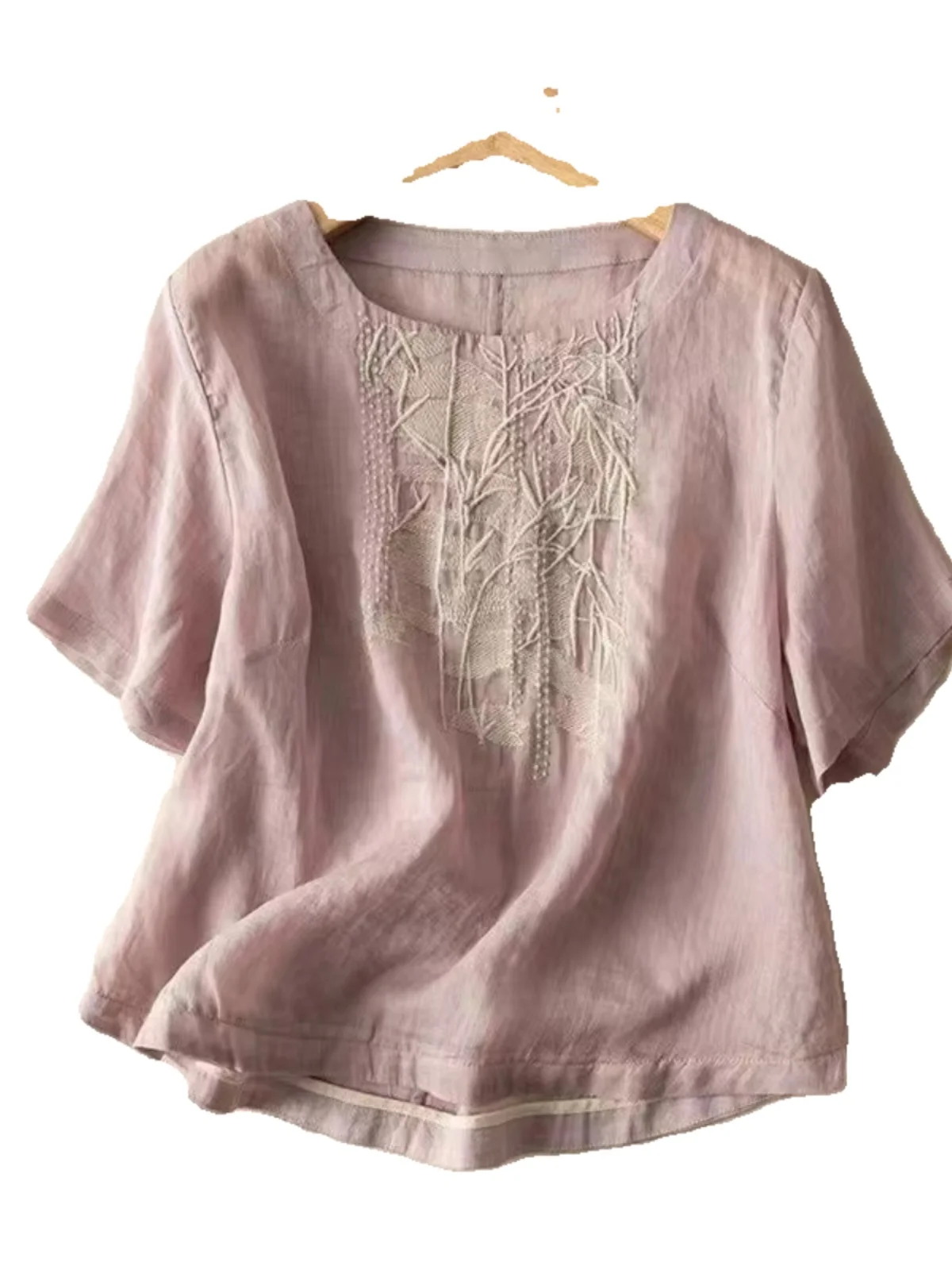 قميص أنيق بأكمام قصيرة على الطراز الياباني من القطن والكتان مطرز للنساء صيفي جديد يغطي البطن قميص صغير من الكتان