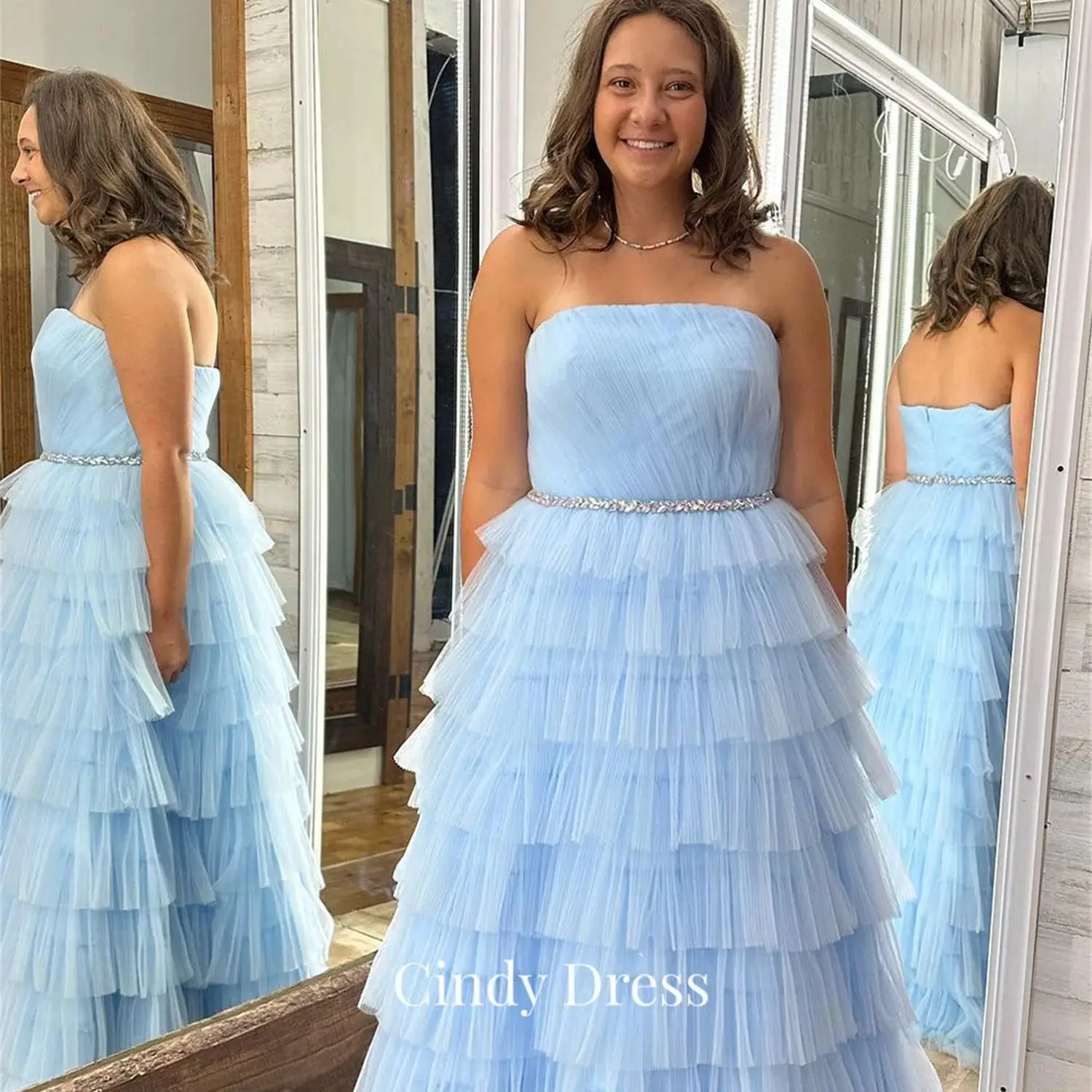 

Cindy Sky Blue Multi-layer Belt Strapless Elegant Party Dresses 2024 Wedding Guest Dress Women Ball Gowns Evening Gown Prom Gala